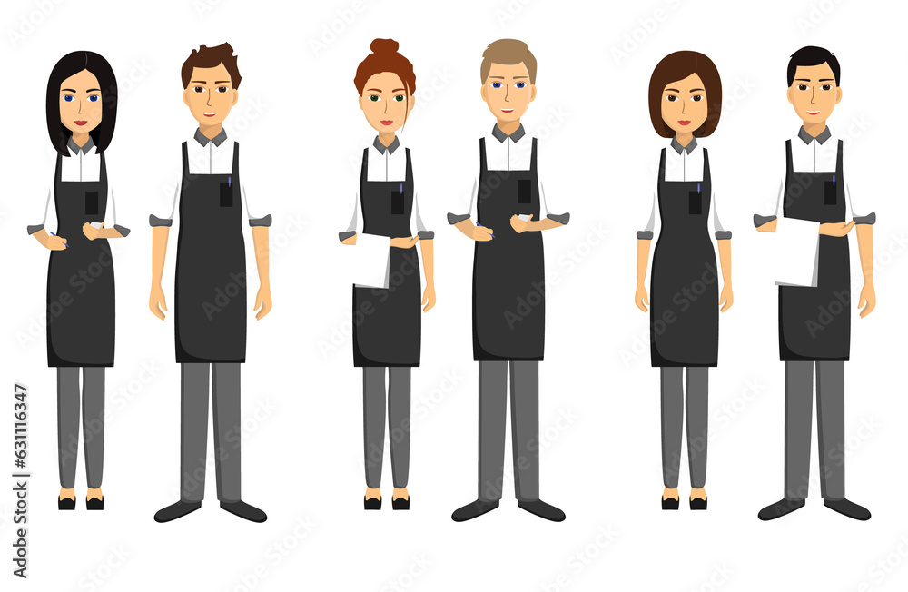 Set of waiters, girls and men written and with towels on their hands. Taking order. Illustration on transparent background Set of waiters, girls and men written and with towels on their hands. Taking order. Illustration on transparent background