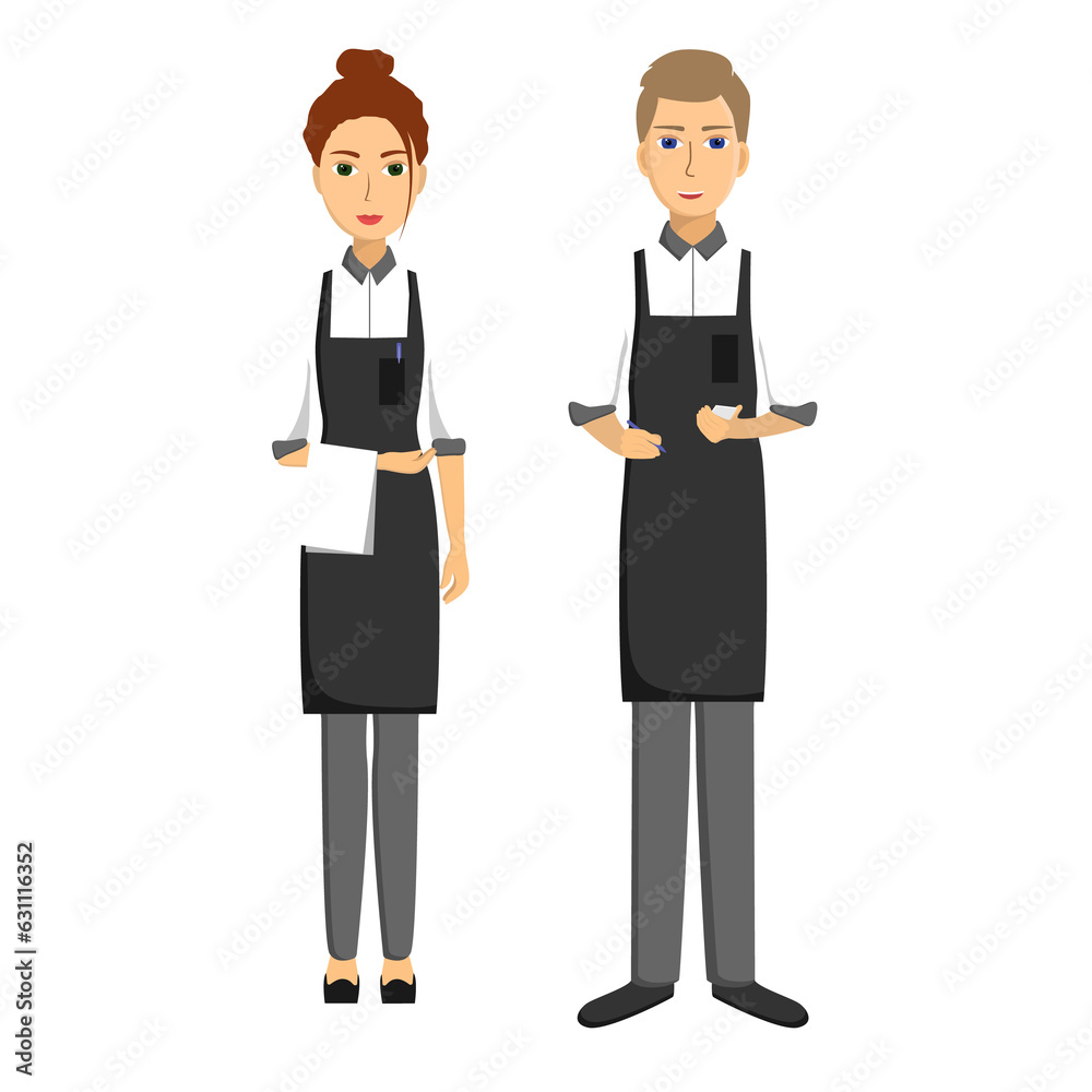 Waiters. Girls and men written and with towels on their hands. Taking order. Illustration on transparent background Waiters. Girls and men written and with towels on their hands. Taking order. Illustration on transparent background