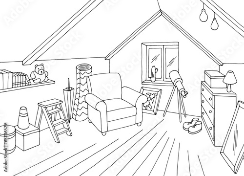Attic room graphic black white home interior sketch illustration vector 