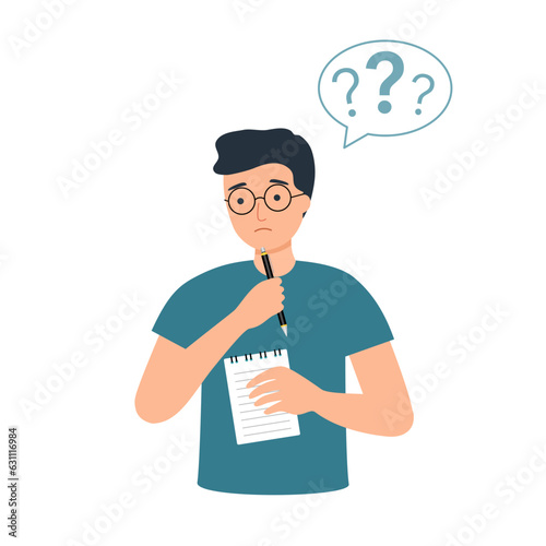 Pensive man thinking character in flat design on white background.