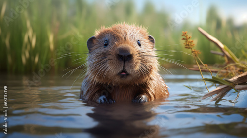 A beaver swimming in a serene body of water