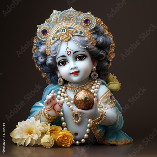 Bal Krishna Laddu Gopal beautiful Cloths and Jewelry Krishna Janmashtami. Generative Ai. photo