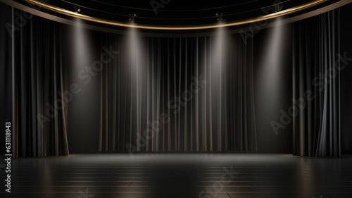 Captivating Contrasts: The Expansive 3D marble Stage in Elegant Modern Style, Enhanced by Spotlights and Framed by light glowing with Dramatic Black Curtains in the Background