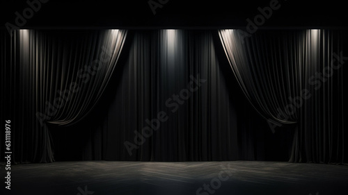 Enigmatic Shadows: The Grandeur of an Empty 3D Marble Stage in Elegant Modern Black, Enhanced by Spotlights and Embellished with Black Curtains, Amidst a Mysterious Glow of Glowing Lights