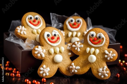 Laughable gingerbread men with a little snowman made of marzipan. Generative AI