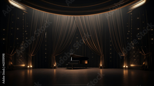 Enigmatic Shadows: The Grandeur of an Empty 3D Marble Stage in Elegant Modern Black, Enhanced by Spotlights and Embellished with Black Curtains, Amidst a Mysterious Glow of Glowing Lights © Talha