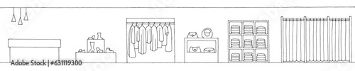 Shop store interior graphic black white long sketch illustration vector 