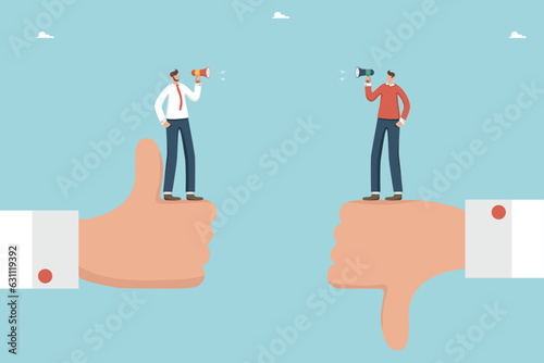 Contradictions in decision making, pros and cons of strategy to achieve target, disagreements in the process of work, positive and negative feedback, men arguing on big hands showing like and dislike.