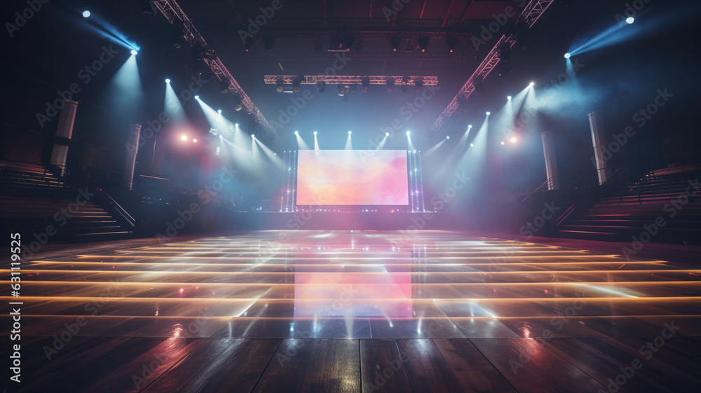 Radiant Splendor: An Empty 3D Marble Stage in an Elegant Modern Style, Illuminated by Spotlights, with a Backdrop of Glowing Lights
