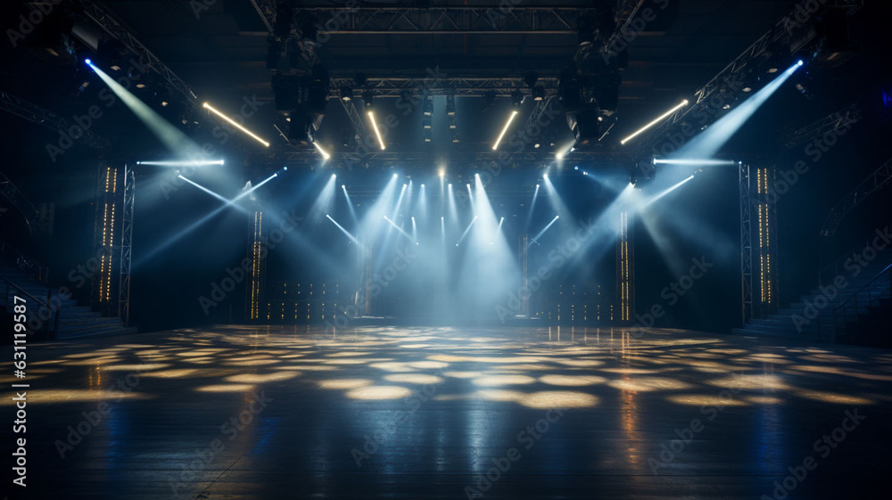 Illuminated Elegance: An Empty 3D Marble Stage in an Elegant Modern Style, Enhanced by Spotlights and Surrounded by Glowing Lights in the Background