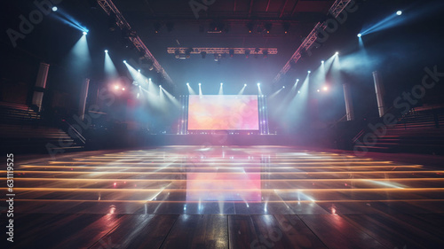 Radiant Splendor: An Empty 3D Marble Stage in an Elegant Modern Style, Illuminated by Spotlights, with a Backdrop of Glowing Lights