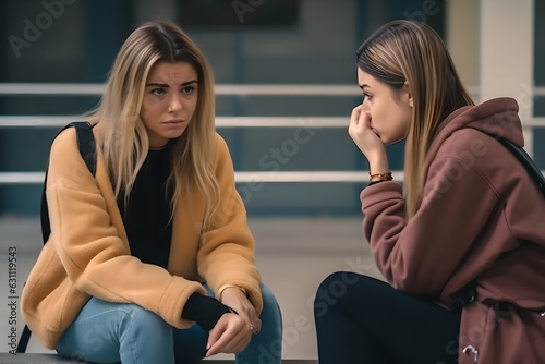 Sad student talking to her teacher for support. trust or counseling in the school hallway, for discussion or education about bullying, learning problems and development