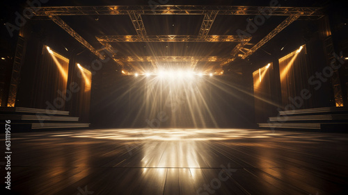 Radiant Opulence: An Empty 3D Wooden Stage in an Elegant Modern Style, Illuminated by Spotlights, with a Backdrop of Glowing Lights