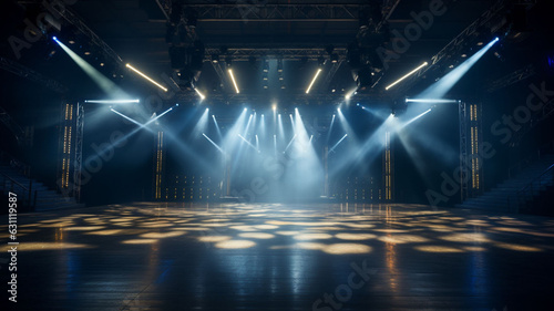 Illuminated Elegance: An Empty 3D Marble Stage in an Elegant Modern Style, Enhanced by Spotlights and Surrounded by Glowing Lights in the Background