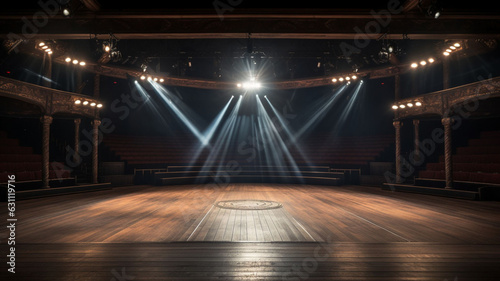Luminous Splendor: Elegant 3D Rendered Huge Empty wooden Stage with Beautiful Spotlight, Stairs, Round Podium, Colorful Lights, and Glowing Lights