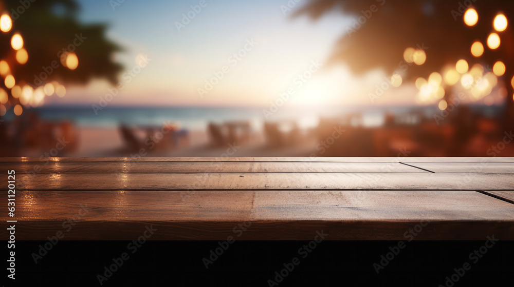 A beach scene with a wooden table in the foreground