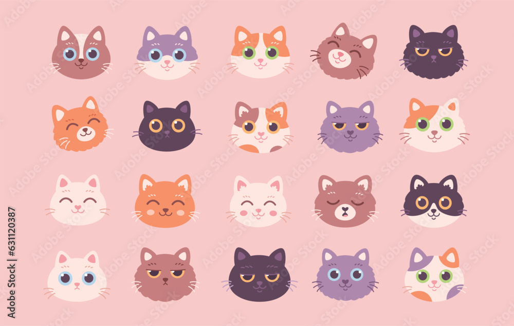 Collection of Cat faces. Cat characters with different emotions and facial expressions. Vector illustration in flat style