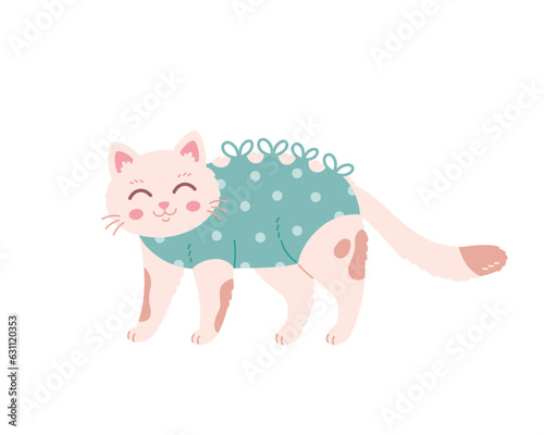 Cat in veterinary bandage after surgery. Sterilization of pets. World spay day. Vector illustration in flat style