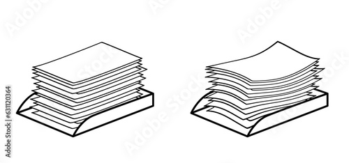 Writing paper and letter tray. Trays for papers. Cartoon empty copy paper, stacked papers. Flat paper stack. Document, paperwork. Pile papers, file. Printouts, hardcopy documents. 