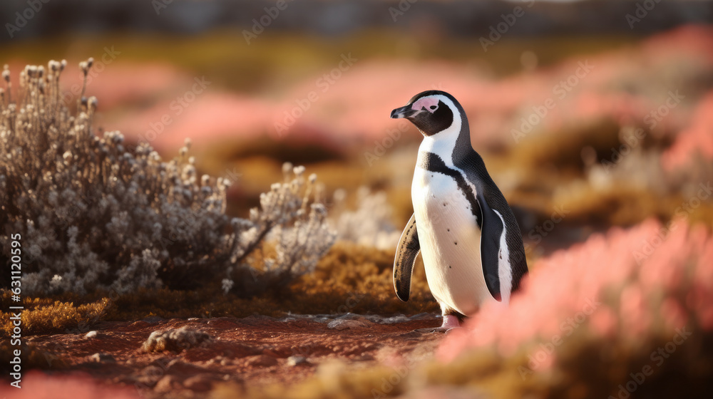Fototapeta premium A cute penguin standing on a rocky shore
