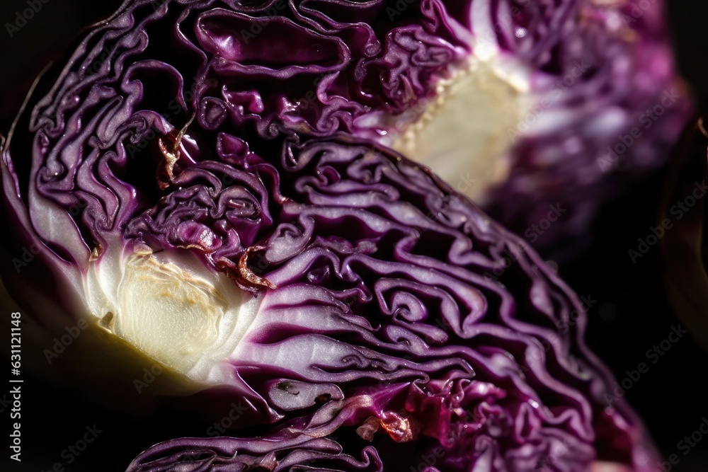 Obraz premium Red cabbage in the background. A red cabbage pattern up close. a close-up image of red cabbage. Generative AI