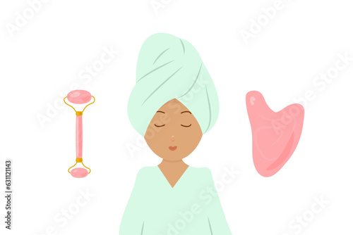 Flat vector set. Girl in a towel on her head and in a bathrobe, blue.
With facial massage roller, gouache scraper. The concept of beauty routine, facial skin care, relaxation, spa.