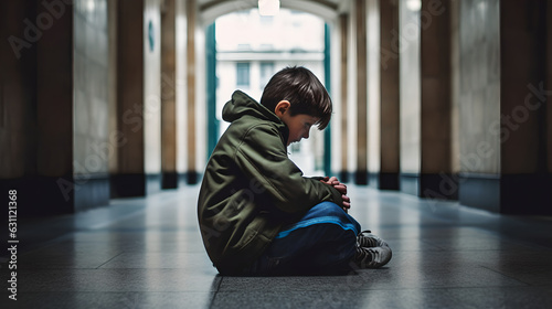 A depressed young boy suffering from depression sitting alone in the hall feeling loneliness. Upset bullied teen boy suffering sitting in corridor, Social problems, children's rights