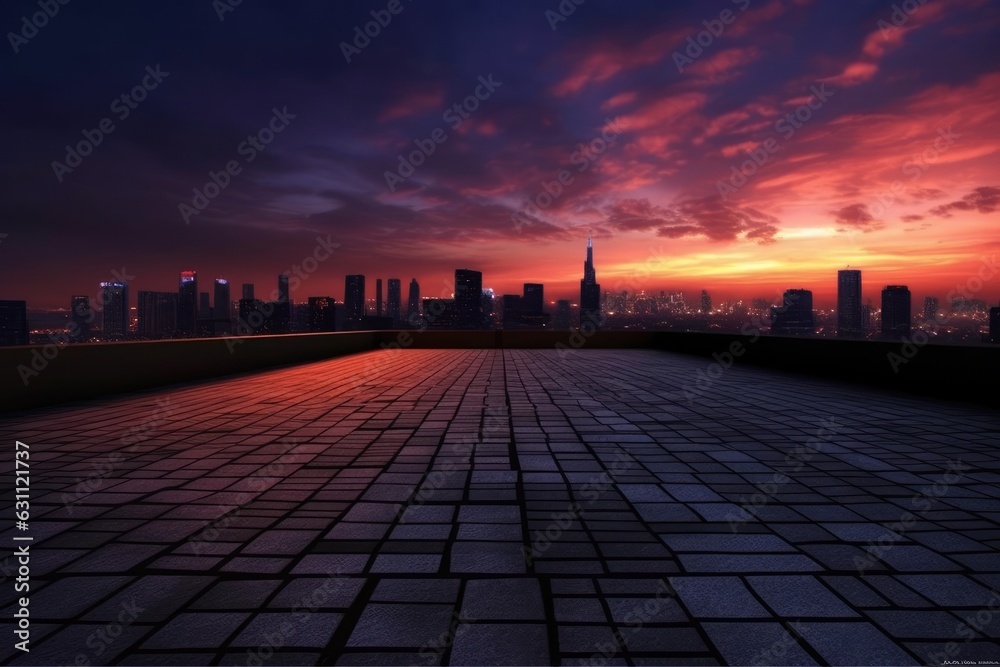Twilight, with a barren square floor and a densely populated urban skyline. Generative AI