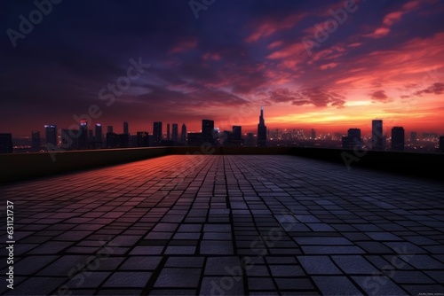 Twilight  with a barren square floor and a densely populated urban skyline. Generative AI