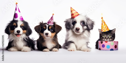 Cute Dog, Cat, Guinea Pig, Birthday Celebration white background