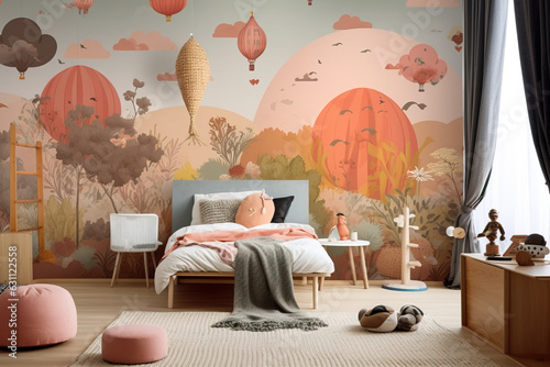 Creative and bright eco design of a children's room. Bright fantasy wallpaper on the wall of baby room. Forest theme.