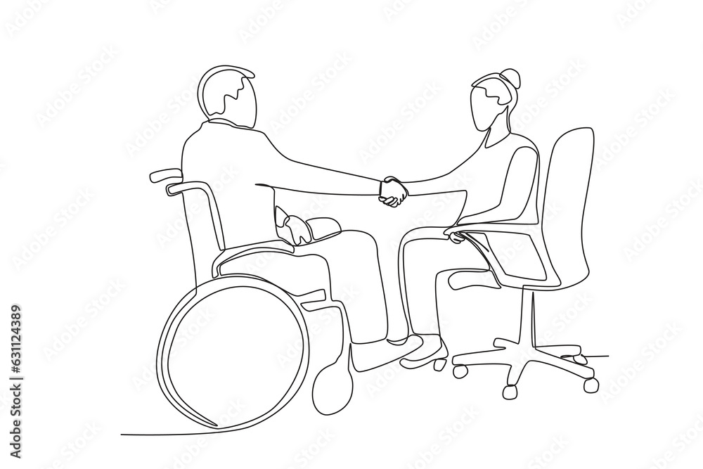 Single continuous line drawing of a man in a wheelchair agreeing on a job with his co-worker
Single continuous line drawing of a man in a wheelchair agreeing on a job with his co-worker