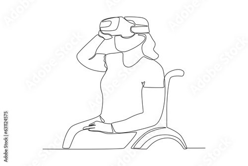 Single continuous line drawing of a wheelchair-bound woman working as a game tester testing a game using a VR headset
