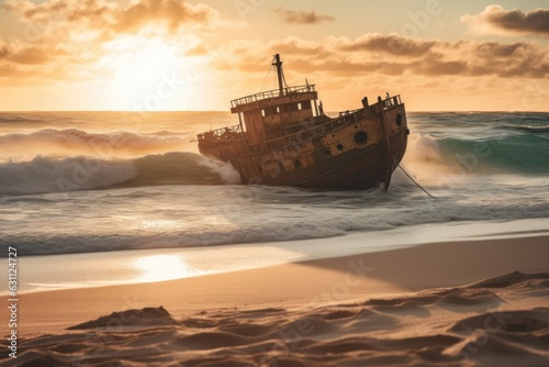 Stunning image of a ship lying on the sand abandoned. Generative AI