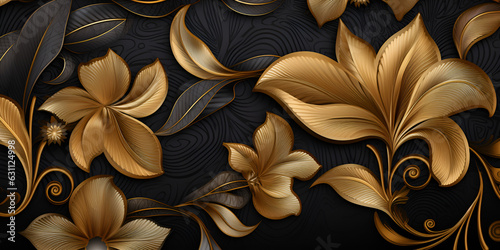 Golden Floral Background. Luxury Floral Damask with Flowers Golden and Black Elegant Leather Base illustration Background. 3d Wallpaper for Interior Mural Painting wall art Decor. Generative Ai