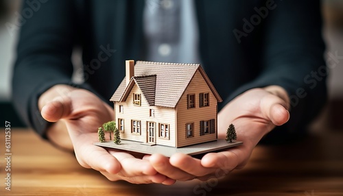 Hand of man holding model house. Mortgage, home loan, real estate insurance and banking concept