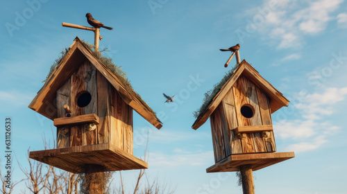 Two wooden bird houses with birds perched on top