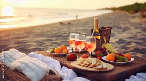 Picnic on the beach at sunset in the style of boho. Food and drink, relax, holiday concept