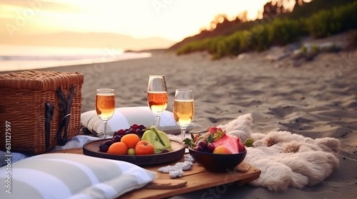 Picnic on the beach at sunset in the style of boho. Food and drink, relax, holiday concept