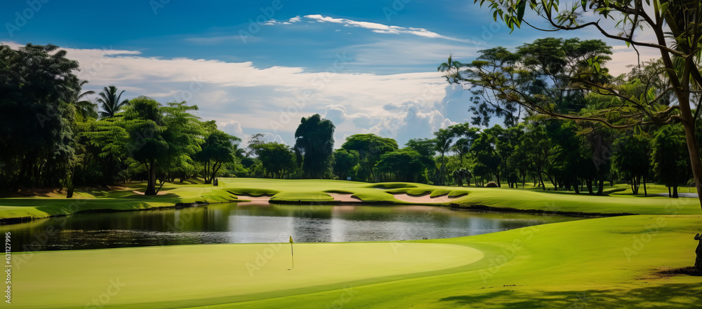 Panorama view of Golf Course with fairway field. Golf course with a rich green turf beautiful scenery. Generative AI. Panorama view of Golf Course with fairway field. Golf course with a rich green turf beautiful scenery. Generative AI.