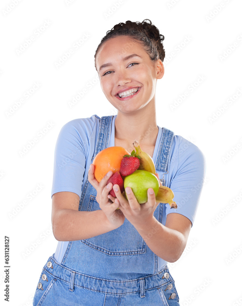 Happy woman, portrait and fruit for natural nutrition, vitamin C or diet isolated on a transparent PNG background. Excited female person smile for lose weight or healthy wellness holding organic food