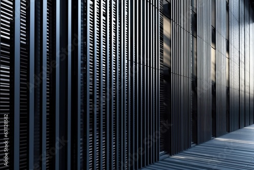 Metallic building facade stripes on a backdrop of futuristic architecture. Generative AI