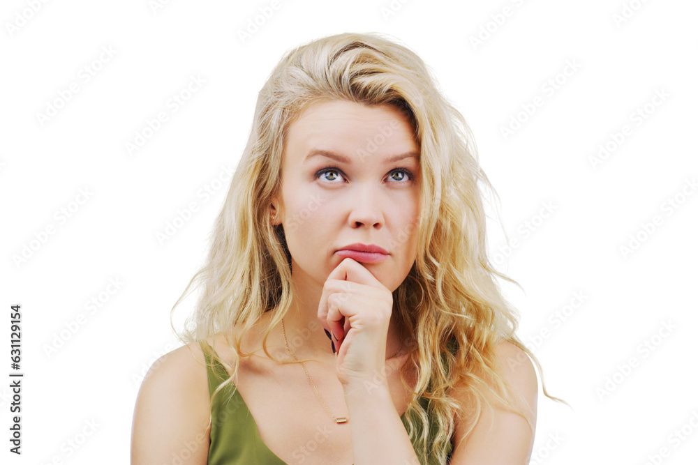Question, thinking and woman with solution, problem solving and model isolated on a transparent background. Png, female person or girl with doubt, goals and brainstorming with planning or opportunity Question, thinking and woman with solution, problem solving and model isolated on a transparent background. Png, female person or girl with doubt, goals and brainstorming with planning or opportunity