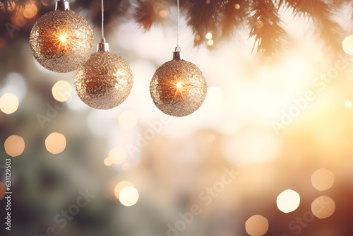 Christmas decoration with x'mas ball, christmas tree, snow and gift on glister lights background to celebration, Generative AI