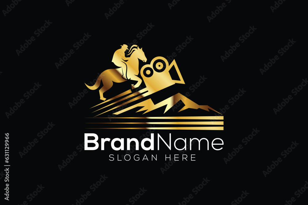 Trendy and Professional horse and film production gold logo design vector template