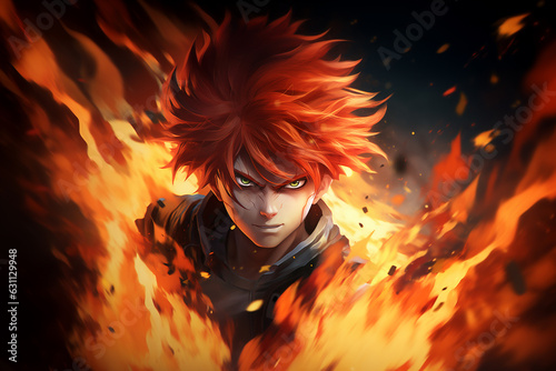 Anime boy with fiery wild hair in dark background