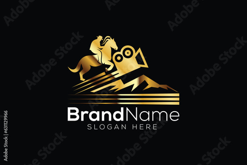 Trendy and Professional horse and film production gold logo design vector template