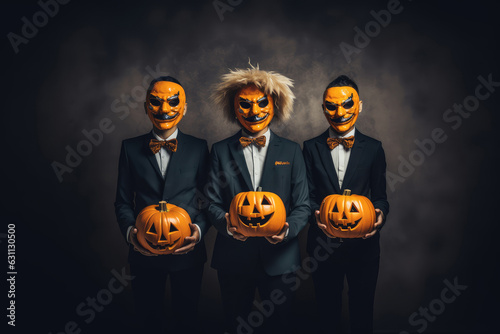 Halloween pumpkins with scary faces in suits on dark background.