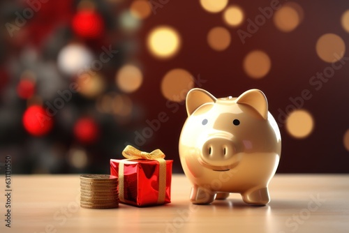 piggybank on a table with coins, festive holiday christmas scene in the background, copy space for writing text