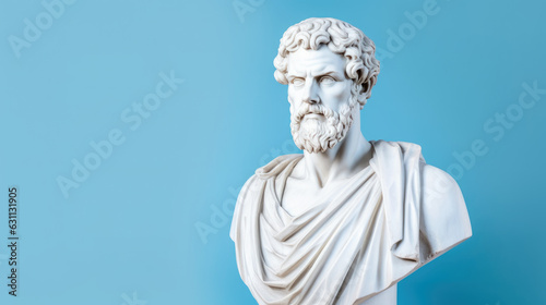 Greek philosopher bust, statue with copyspace on pastel blue background, philosophy and knowledge concept, wisdom